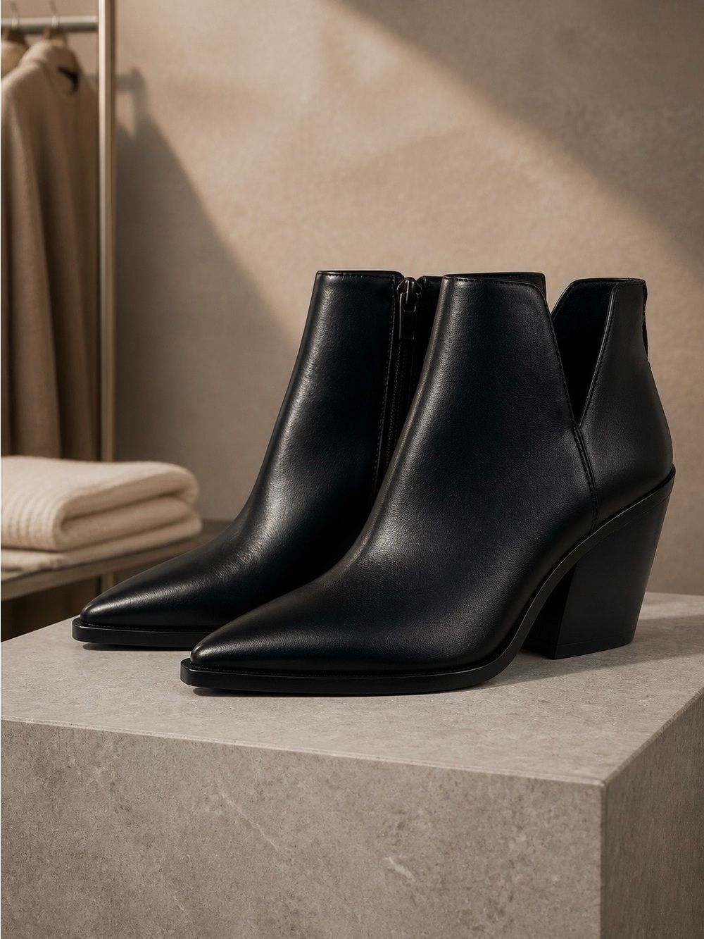 Vince Camuto Black Leather Pointed Ankle Booties with Back Zip - Picture 4 of 7